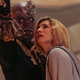 Skeletal alien villain The Swarm raises a hand while Jodie Whittaker's 13th Doctor looks on in concern in Doctor Who: Flux